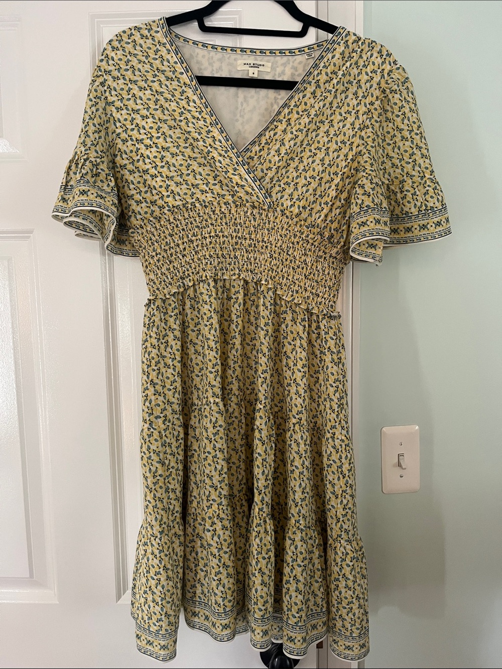 Max Studio Yellow Floral Midi Dress with Blue Print